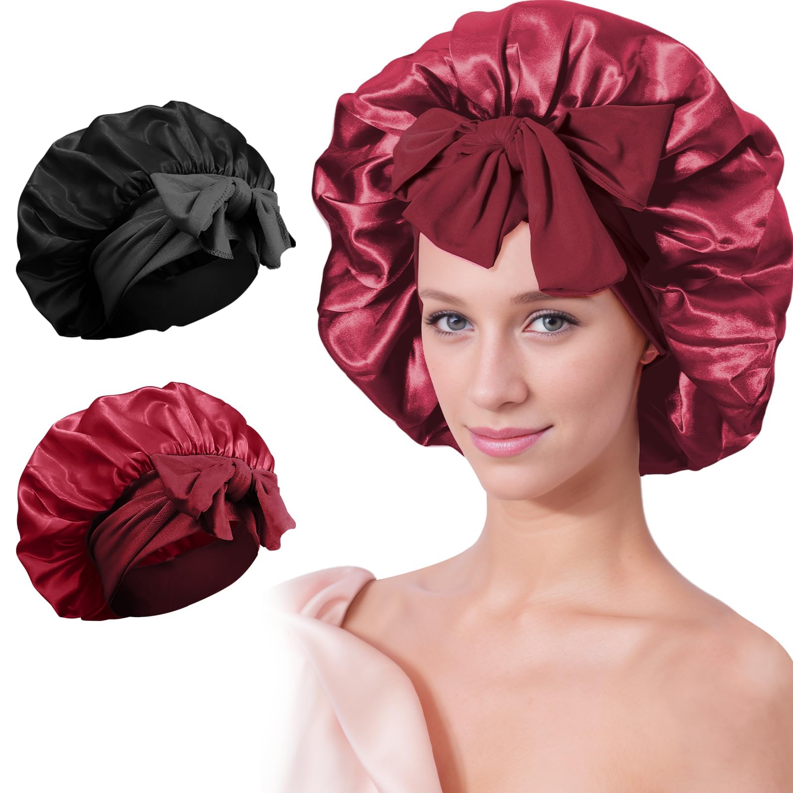 COODAM Silk Satin Hair Bonnet for Sleeping - 2PCS Silk Sleep Bonnets for Women Curly Hair, Soft Breathable Satin Bonnet with Tie Band Hair Wrap Cap for Sleeping (#03)