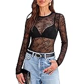 BAISHENGGT Womens Sexy Mesh Sheer Going Out Tops Crewneck Long Sleeve Stretchy Slim Fitted See Through T-Shirts