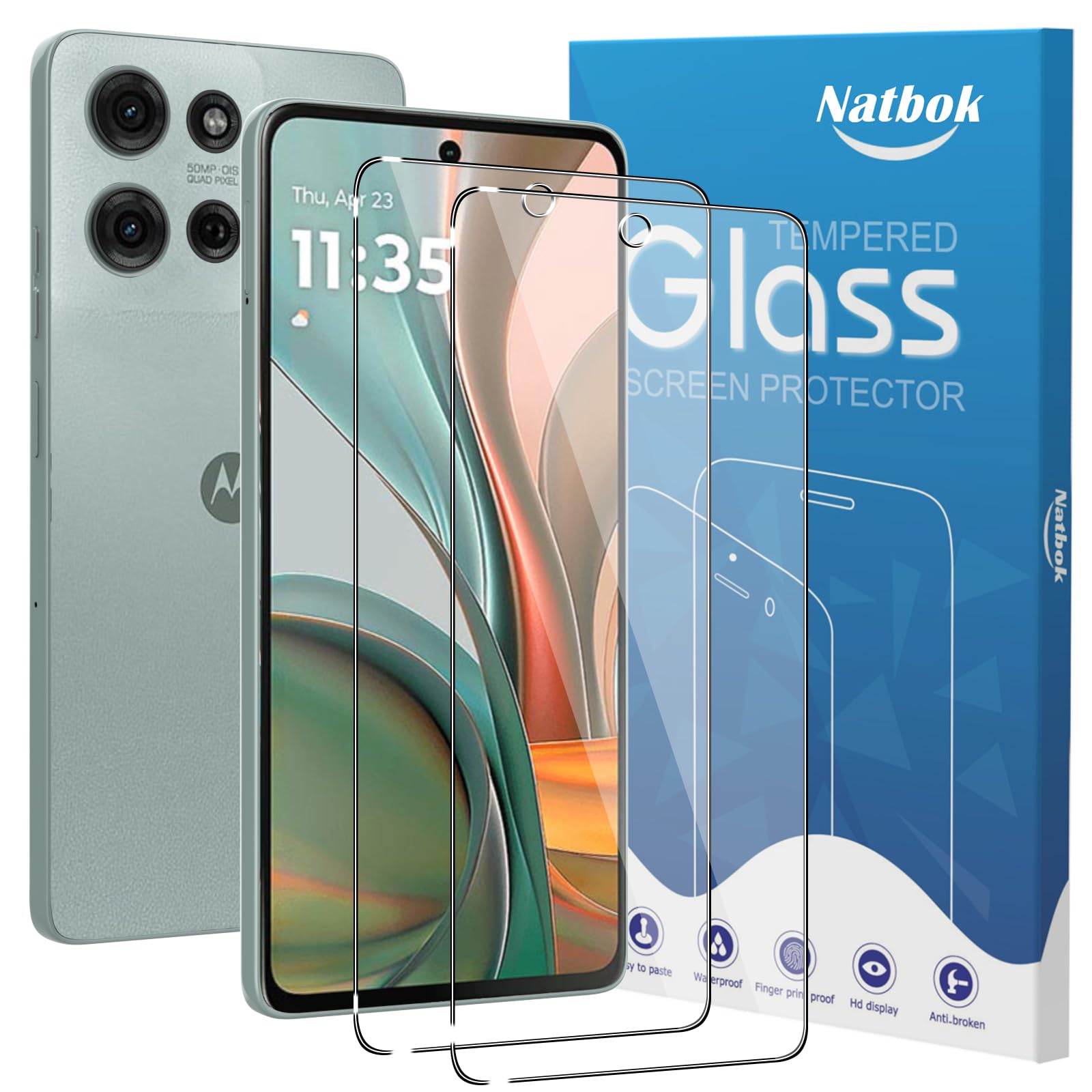 Natbok 2 Pack Tempered Glass for Moto G75 Screen Protector, 9H Hardness,Ultra Resistant,Anti-Fingerprints,No Bubbles,HD-Clear,Full Coverage Phone Film for Moto G75 [Easy Install]