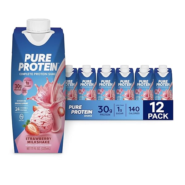 PURE PROTEIN STRAWBERRY PROTEIN SHAKE, 30G COMPLETE PROTEIN, READY TO DRINK AND KETO-FRIENDLY, VITAMINS A, C, D, AND E PLUS ZINC TO SUPPORT IMMUNE HEALTH, 11OZ BOTTLES, 12 PACK