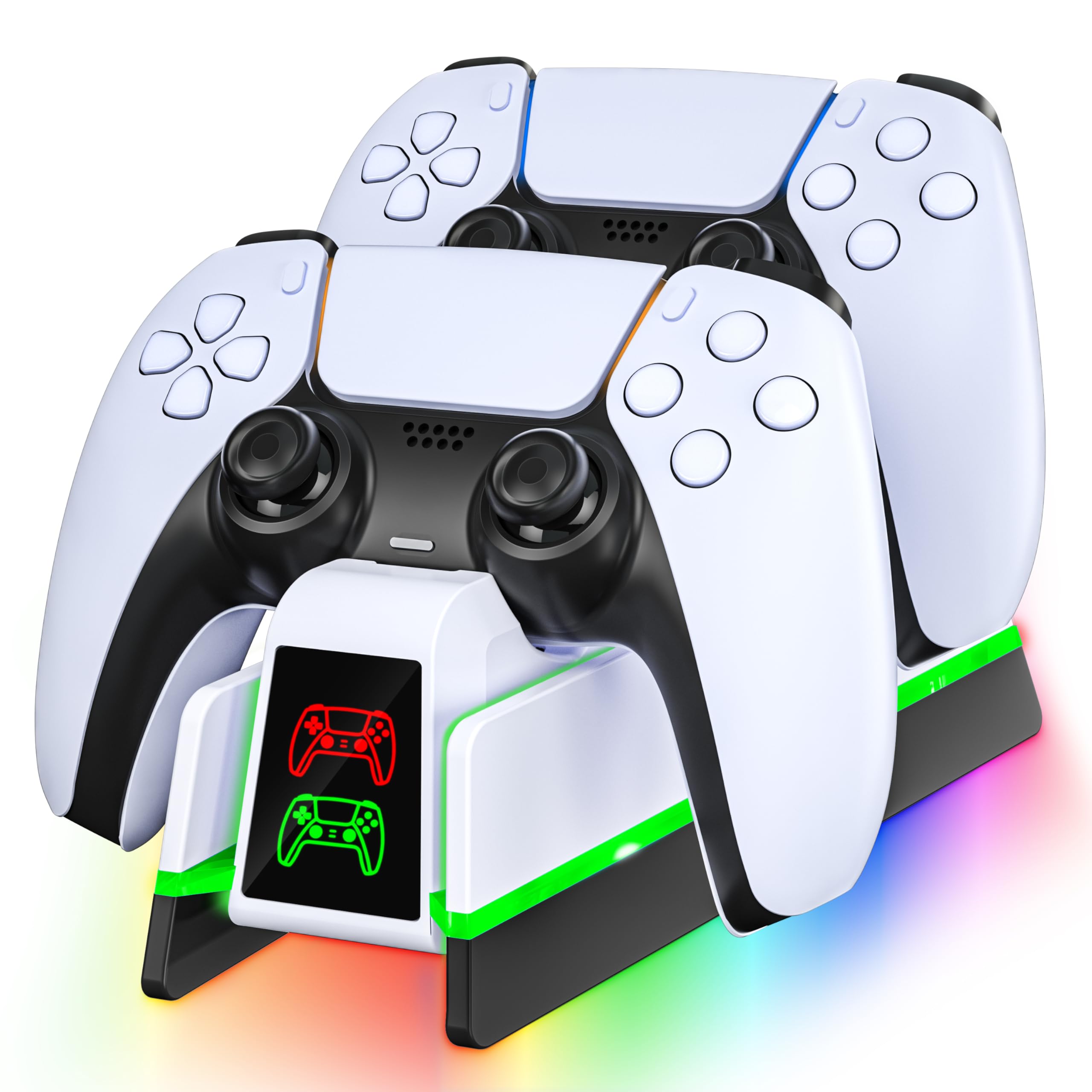 PS5 Controller Charger Station for PlayStation 5 Dualsense/Dualsense Edge, Charging Station with 10 LED Light, PS5 Controller Accessories Charging Dock, White Black