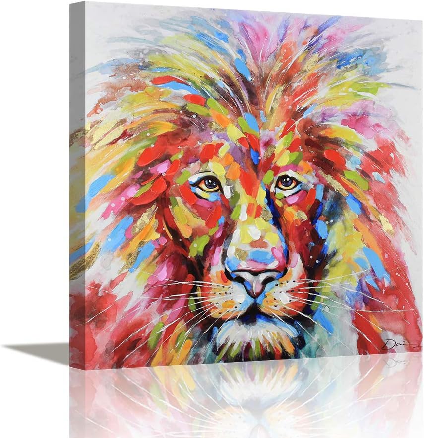 Pi Art Animal Canvas Wall Art Lion Head Painting Hand Painted on Canvas Print Framed Artwork for Man Boys Room Decor (24 x 24 inch, Lion)