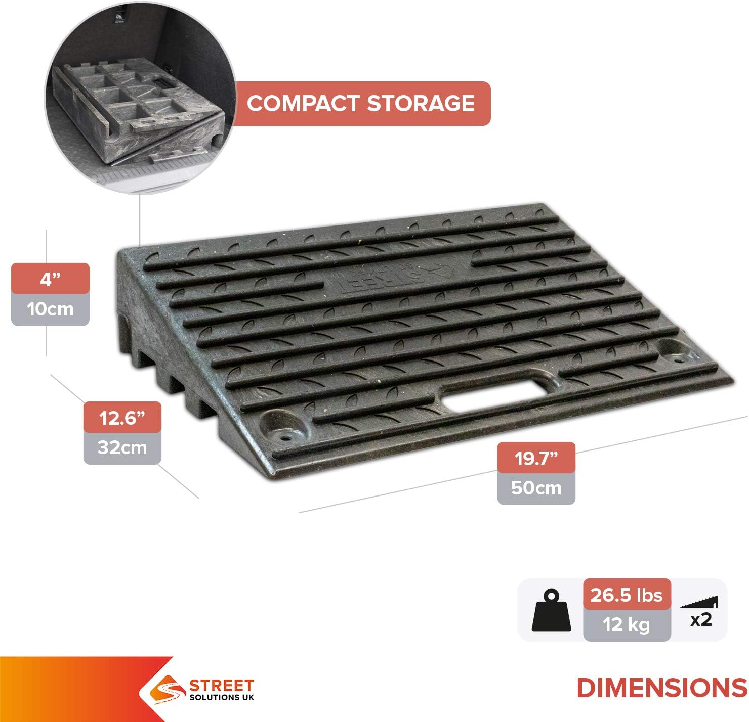 Street Solutions UK Rubber Kerb Ramps | Heavy Duty Threshold Ramps for Wheelchairs, Cars Vehicles, Caravan, Scooter Wheels, Skateboard, Motorcycle, Disabled Chair & Dog | Set of 2 - Image 3