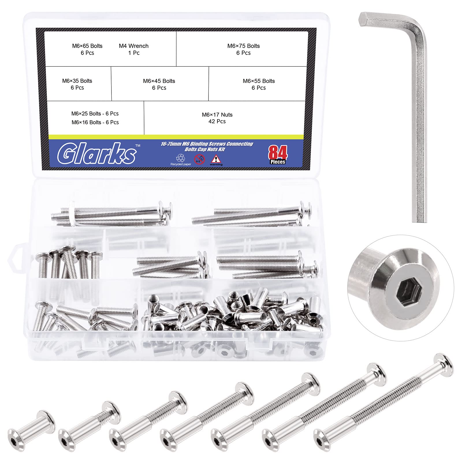 Glarks 85PCs M6 x 16/25/35/45/55/65/75mm Hex Drive Socket Head Cap Bolts & Screws Kit, Nickel Plated Allen Head Countsunk Furniture Crib Bolts & Nuts