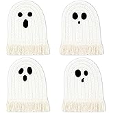 Whaline Halloween Ghost Cotton Coasters Cute White Ghost Shape Handmade Braided Drink Coasters Absorbent Cup Mats for Trick or Treat Party Home Table Decor, Set of 4