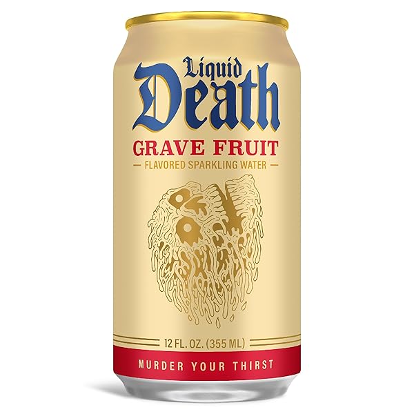 LIQUID DEATH SODA-FLAVORED SPARKLING WATER – GRAVE FRUIT (GRAPEFRUIT FLAVOR), LESS SUGAR*, HUGE FLAVOR, NO CAFFEINE, NO ARTIFICIAL SWEETENERS, 12 FL OZ (PACK OF 12)