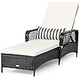 Tangkula Patio Wicker Chaise Lounge Chair, Outdoor Rattan Reclining Chaise w/ 6-Gear Adjustable Backrest, Thick Padded Cushion & Removable Lumbar Pillow, Ideal for Lawn, Beach, Balcony (Black)