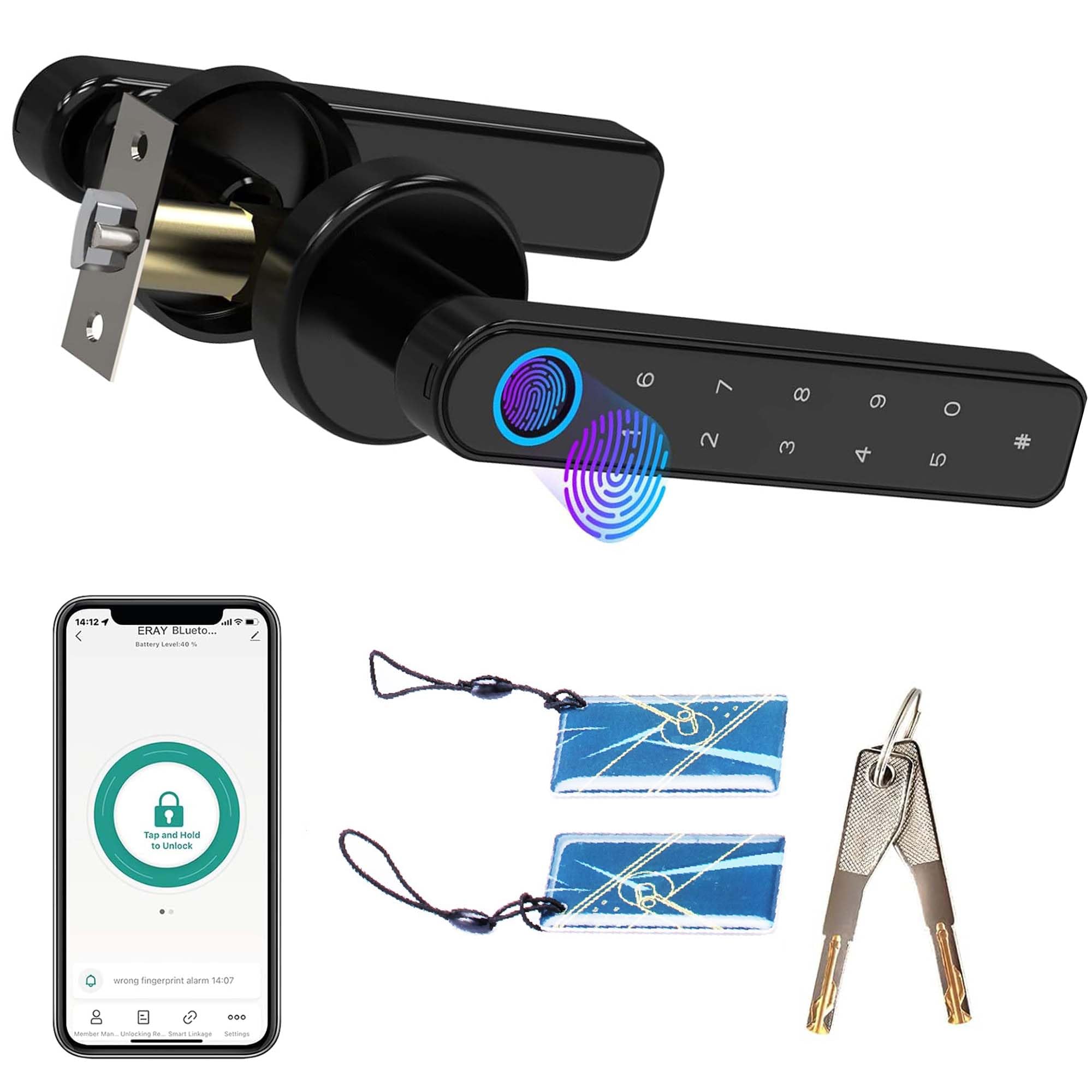 Rynli Smart Door Lock, 5-in-1 Fingerprint Door Lock with Handle, Biometric Smart Door Lock with App, Code, Card & Backup Key for Bedroom, Apartment, Home, Office & Hotel (Black)
