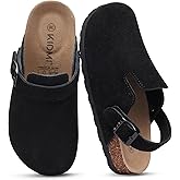 KIDMI Women's Suede Clogs with Back Strap Men's Leather Mules Cork Footbed Slip on Potato Shoes, Coal Black 44