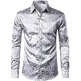 ZEROYAA Men's Luxury Jacquard Long Sleeve Dress Shirt Shiny Satin Slik Like Wedding Party Prom Shirts