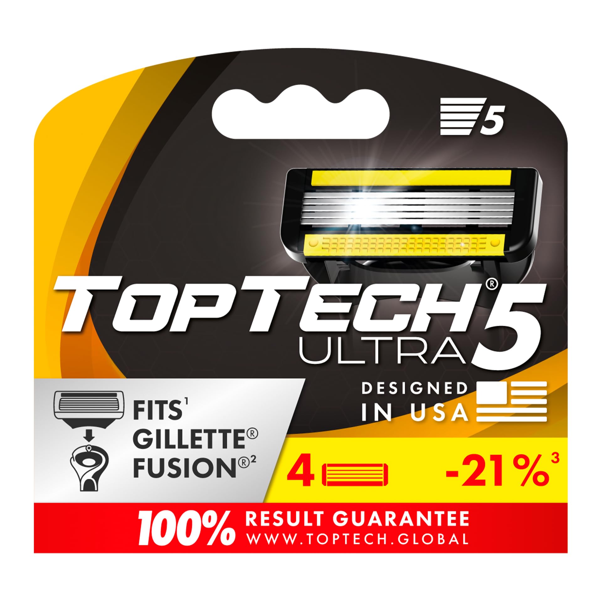 Photo 1 of TopTech ULTRA 5 Razors for Men - Replaceable Cartridges for Manual Shaving Razor - 5 Blades Technology Refills - 4 Count Pack - Fits Gillette Fusion - Sharp & Soft Shave