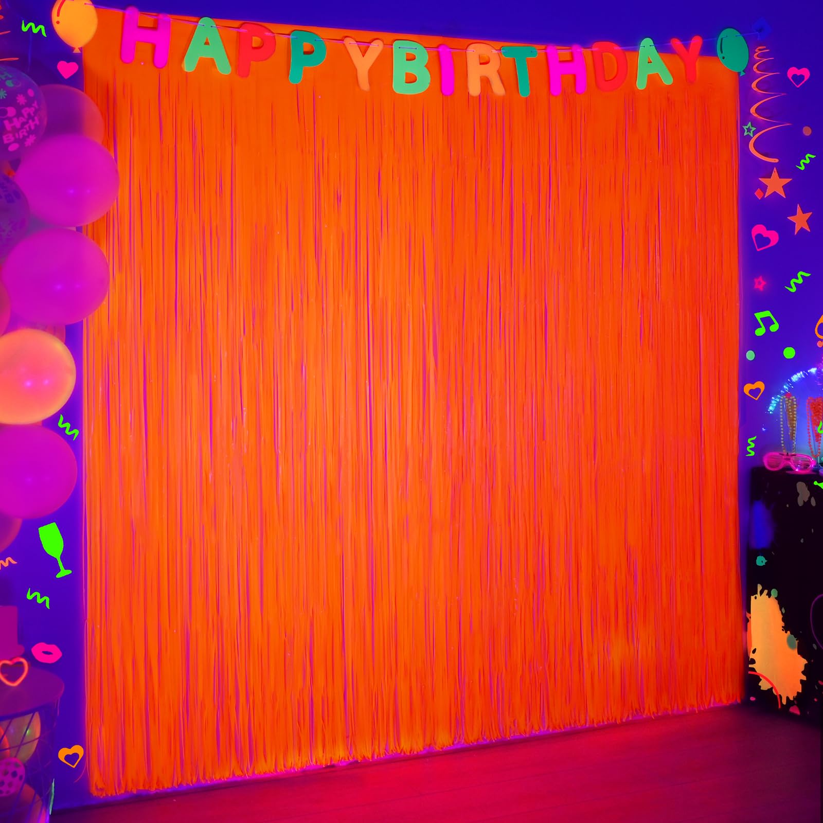 Mega-L Glow in The Dark Party Supplies, 2 Pack Neon Halloween Party Decorations 6.6 x 6.6 ft Fluorescent Macaron Orange Tinsel Foil Fringe Curtains, Halloween Backdrop Streamers for Party Decor