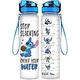 BAIG Blue Alien 32 Oz Water Track Bottle, Stop Slacking Drink Your Water Water Bottle With Time Marker, Alien Motivational Insulated Water Bottle, Gifts For Cute Alien Lovers