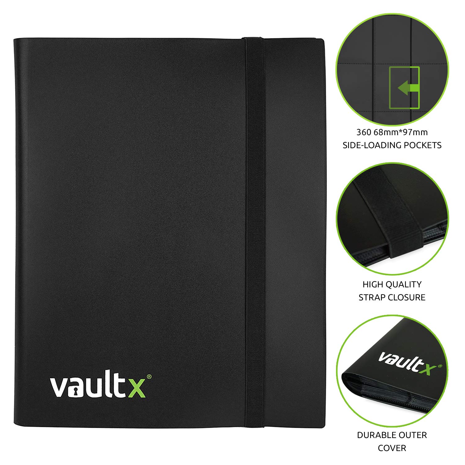 Vault X 9 Pocket Trading Card Strap Binder, 360 cards, Standard, 20 Side-Loading Pages, Folder for Collectible Card Games, Sports, TCG (Black)