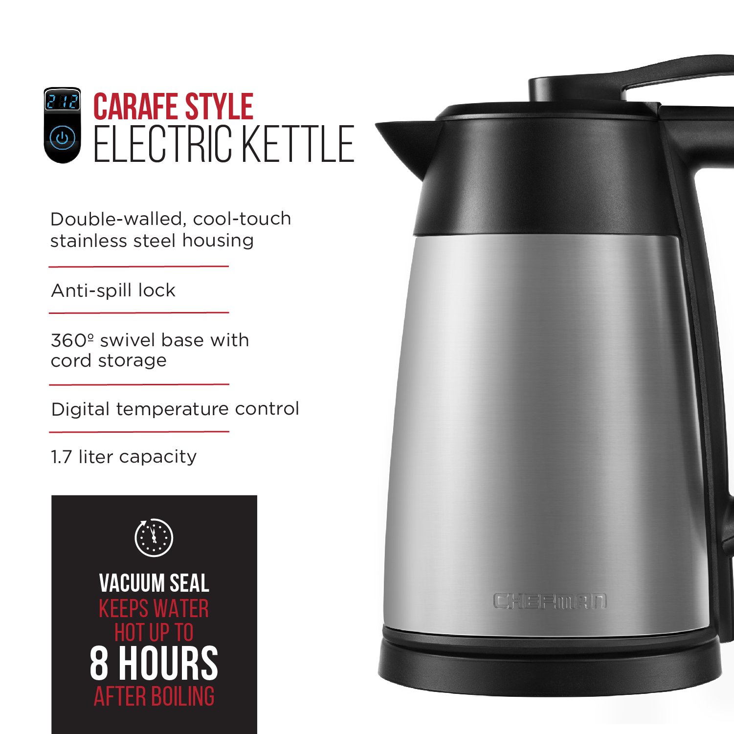 Chefman Cordless Electric Kettle, Stainless Steel Premium Grade Carafe