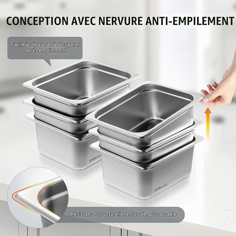 Bac Gastronorme GN 1/2 Lot de 6, Récipient Inox pour Bain-marie 0,8 mm d'Épaisseur, Bac Inox Alimentaire 14,8 cm Profondeur, pour Fours à Convection, Réfrigérateurs, Stockage, Restauration