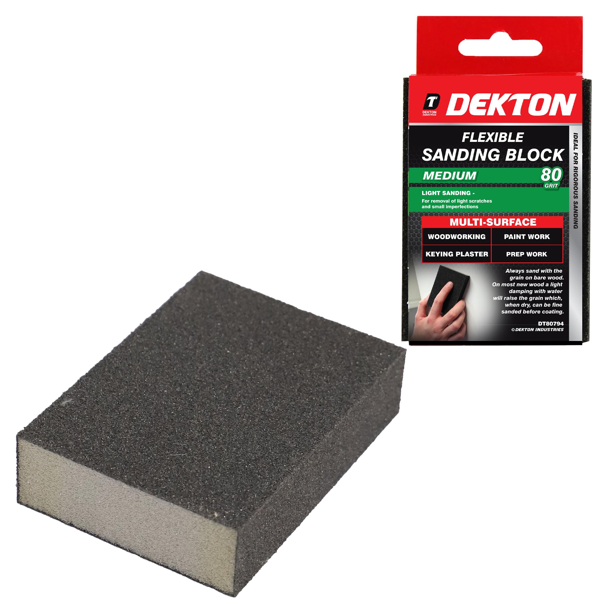 Dekton Flexible Sanding Block - Medium 80 Grit for Multi-Surface Woodworking, Paintwork, Keying Plaster, and Prep Work - Perfect for Achieving a Smooth Finish Between Coats