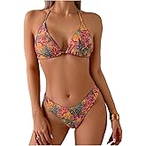 SOLY HUX Women's Triangle Halter Bikini Set Tropical Print Boho Swimsuits Two Piece Bathing Suits