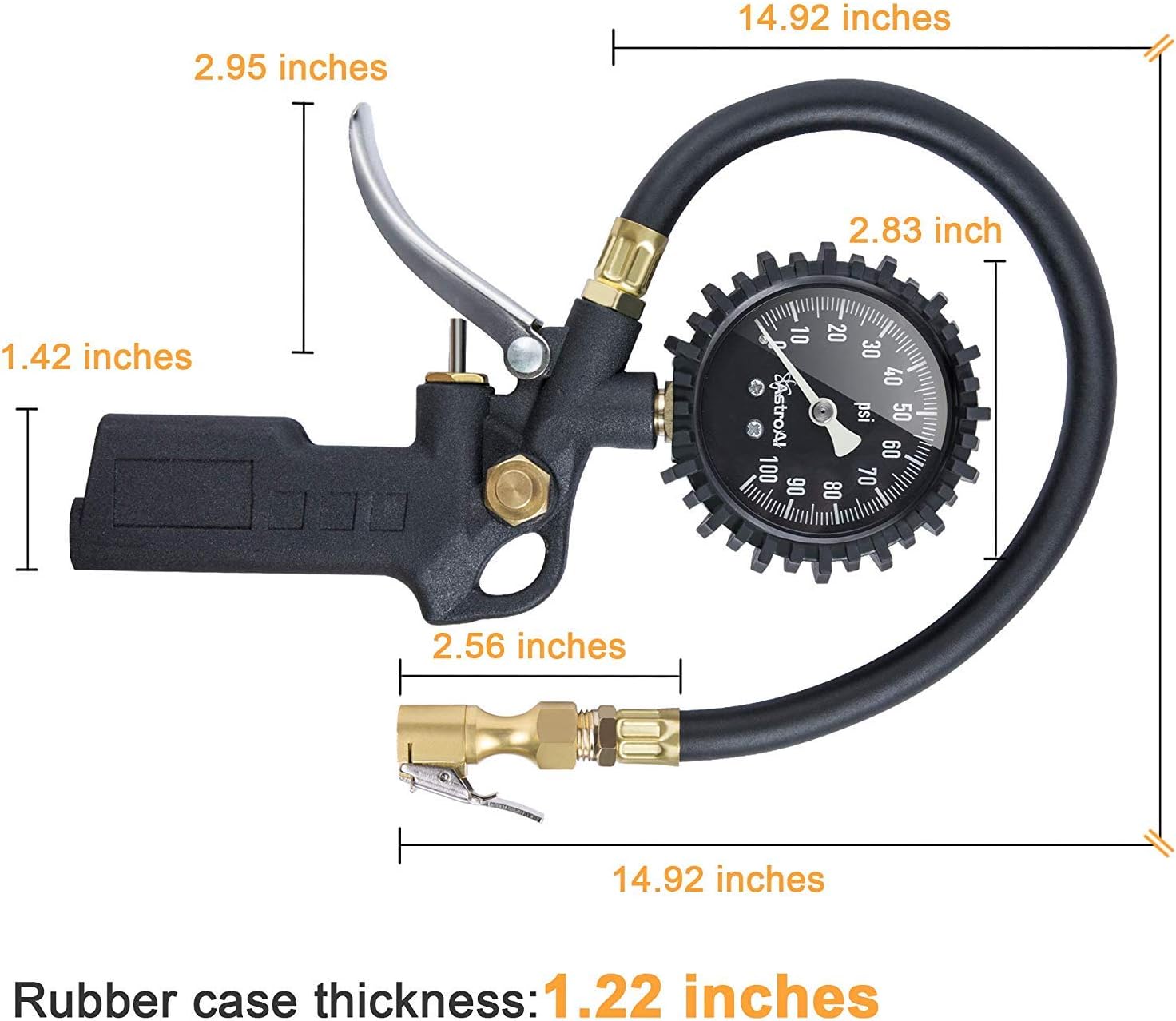 AstroAI Tire Inflator with Pressure Gauge, 100 PSI Air Chuck and Compressor Accessories Heavy Duty with Large 2.5" Easy Read Glow Dial, Durable Rubber Hose and Quick Connect Coupler: Automotive
