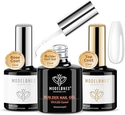 Modelones Builder Gel with Base Coat Top Coat Set 3Pcs No Wipe