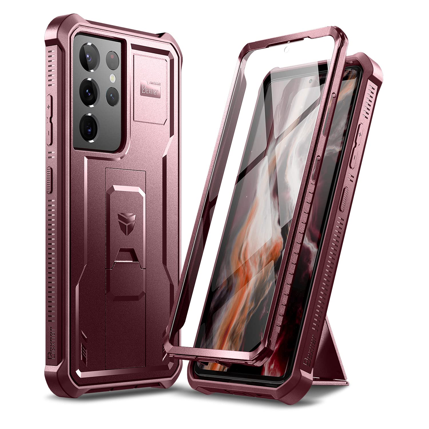 Dexnor for Samsung Galaxy S21 Ultra Case, [Built in Screen Protector and Kickstand] Heavy Duty Military Grade Protection Shockproof Protective Cover for Samsung Galaxy S21 Ultra 5G,6.8 inch,Maroon Red