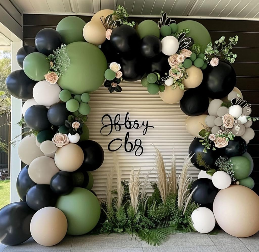 Photo 1 of Black Sage Green Nude Balloon Garland Double Stuffed Olive Green Sand White Balloon Avocado Apricot Black Latex Arch Kit for Jungle Safari Wild One Birthday Baby Shower Woodland Decorations