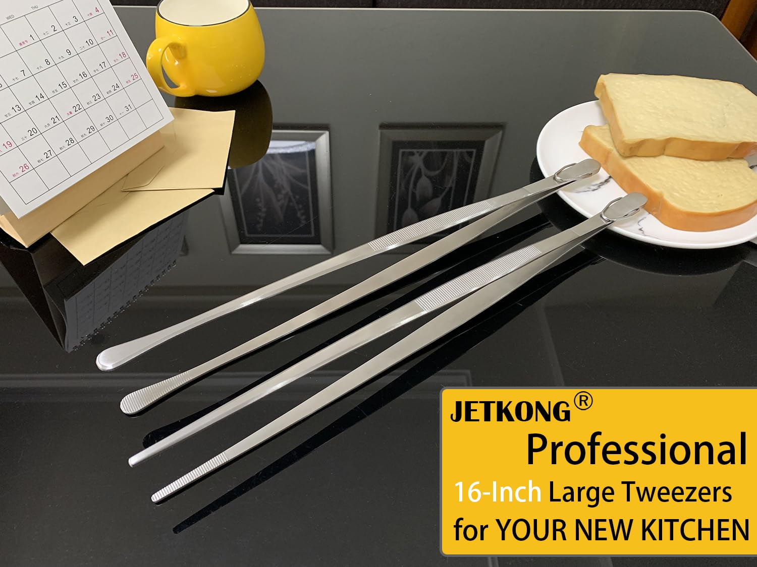 JETKONG 2 Pcs 16-Inch Kitchen Tweezers Extra Long Tweezer Tongs, Heavy Duty Stainless Steel Cooking Tweezers (Silver)