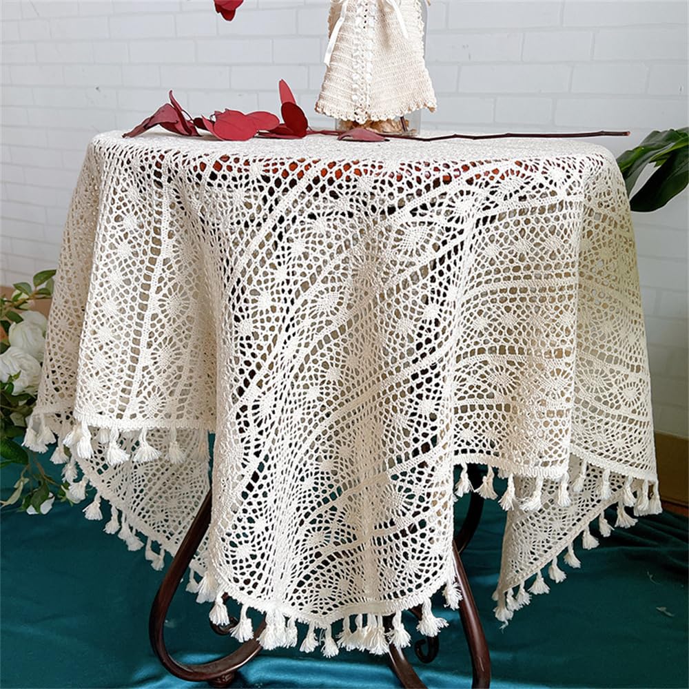 BMIDRUT Rectangle Crochet Doilies Tablecloths Lace Beige Vintage Cotton Tablecloths Table Cover Table Topper Wedding Home Party Decoration (Beige B, 140x160 cm/55x63 Inch)