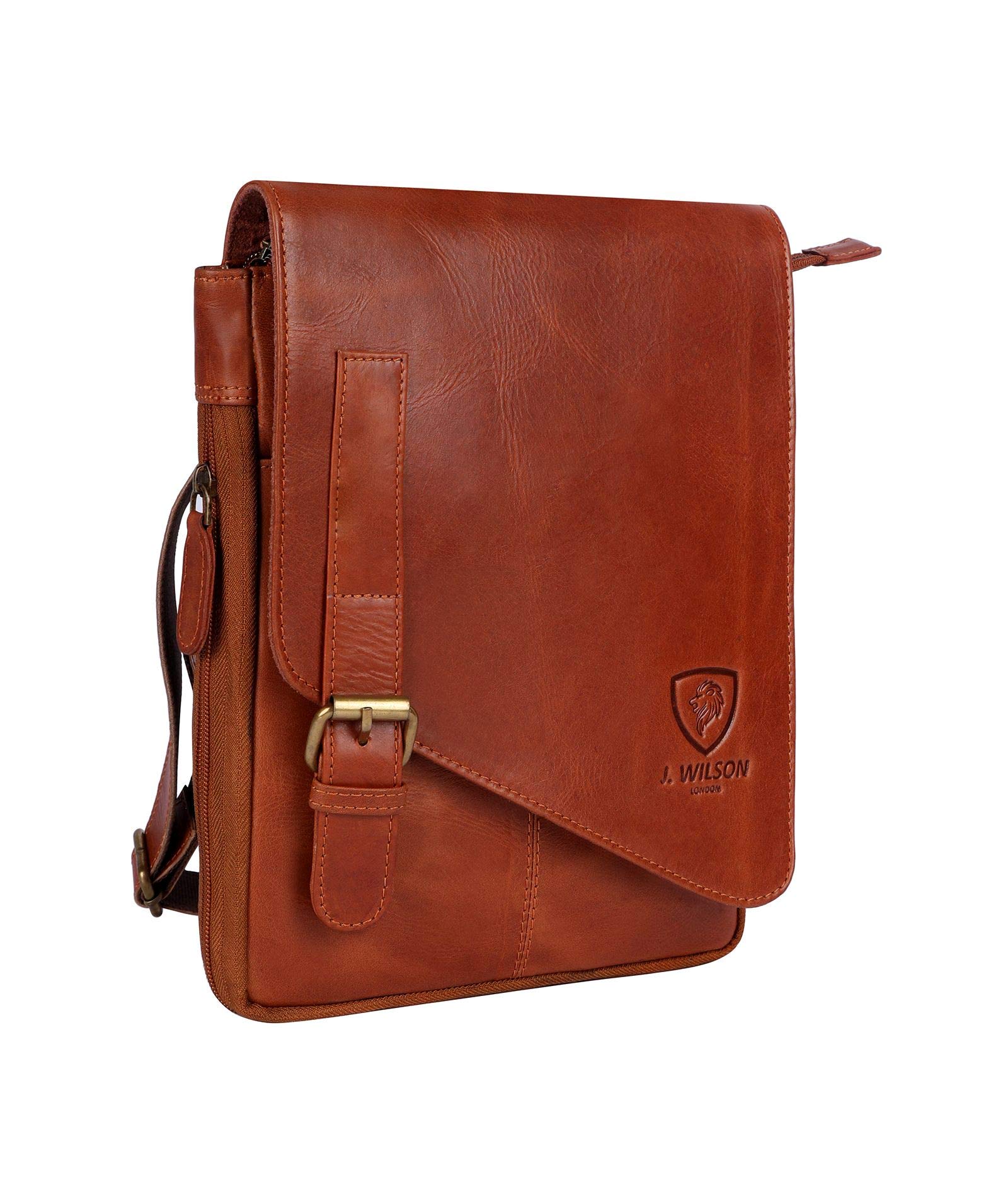 J. Wilson London 100% Pure Genuine Real Vintage Hunter Leather Handmade Mens Leather Flapover Everyday Crossover Shoulder Work IPAD Kindle Messenger Bag (Distressed Crunch Tan)
