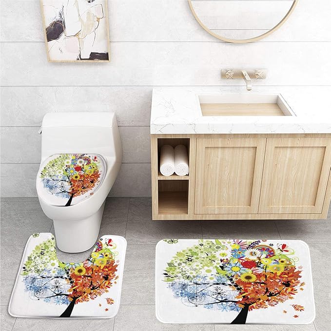 Art Tree Bathroom Rug Set, NonSlip Bath Rugs, Toilet Pad 3