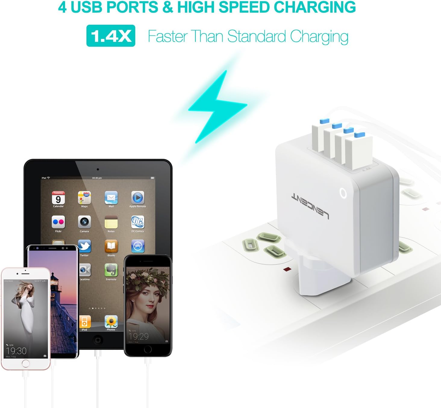 Lencent USB Charger Plug, 4-Port USB Universal Travel Adaptor Plug - Image 3