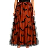 Women's Halloween Bat Skirt Tulle Mesh Midi Skirt Witch Party Outfit | Halloween bat skirt for women with layered mesh tulle, bat and spider web details orange lining for witch outfits and parties