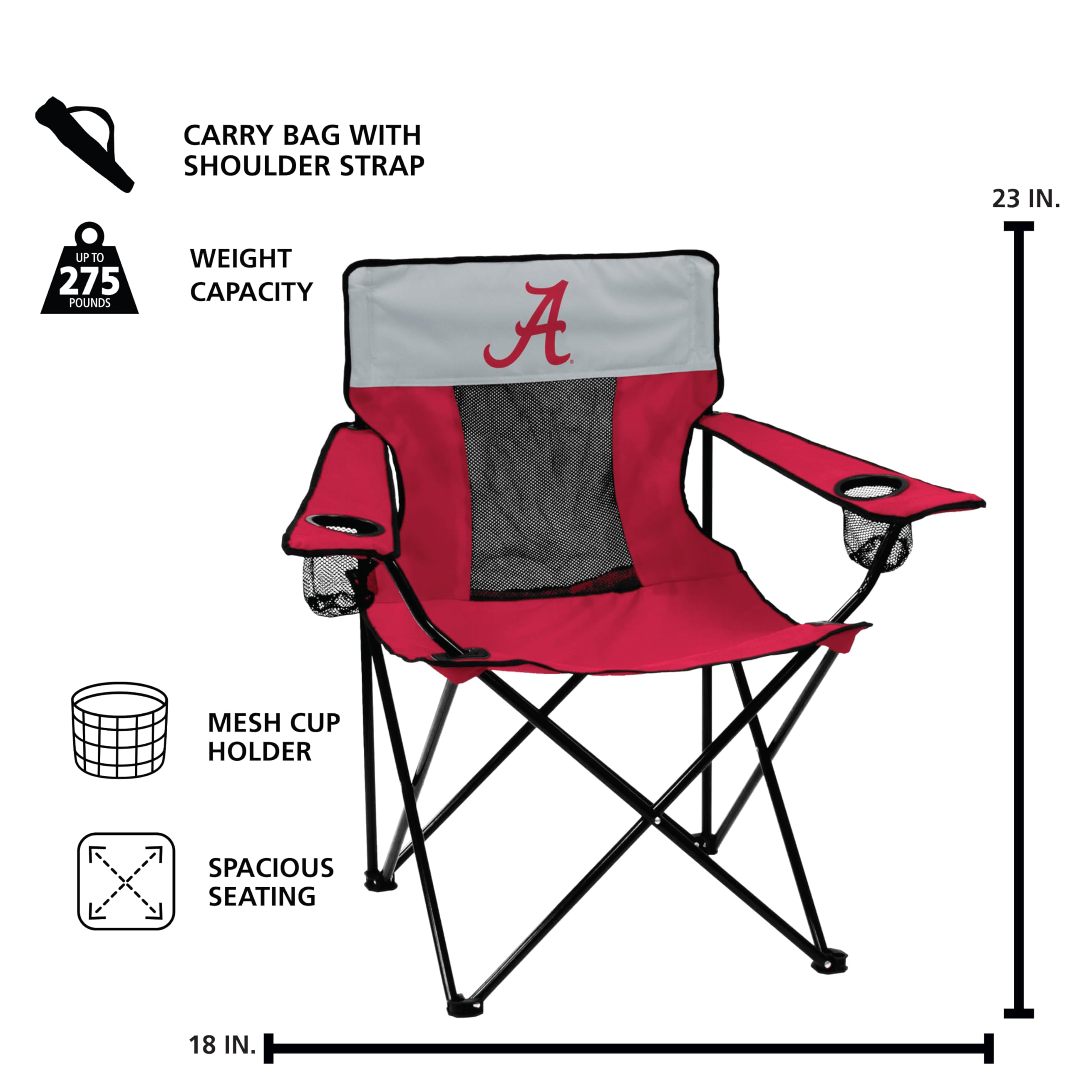 Logo Brands NCAA Alabama Crimson Tide Elite Portable Chair - Premium Outdoor Chair with Cup Holder, Powder-Coated Steel Frame, Lightweight and Portable for Tailgating,and Sporting Events
