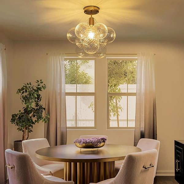 SEMI FLUSH MOUNT CHANDELIER GOLD-SPECIAL BUBBLE FLUSH MOUNT CEILING LIGHT 14.17″ MODERN MID CENTURY CEILING LIGHT FIXTURES WITH 9 CLEAR SWIRLED GLASS BALL FOR BEDROOM FOYER KITCHEN, INCLUDE E26 BLUB