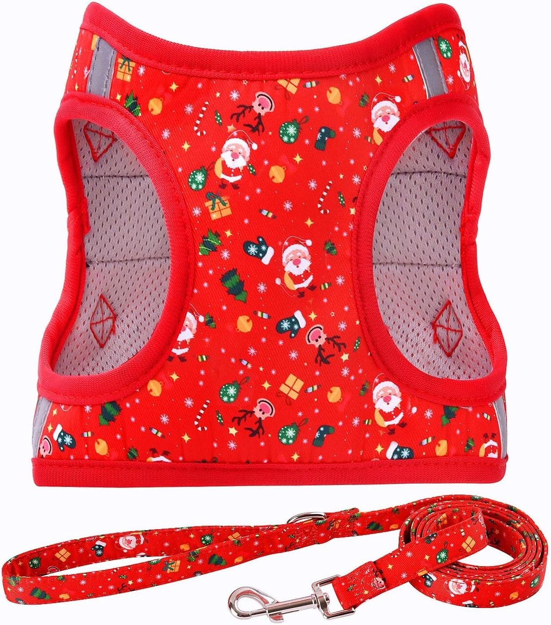 Moonpet Step in Air Christmas Xmas Day Dog Harness Leash Set- All Weather Reflective No-Pull Floral Pattern Padded Mesh Vest Harness for Cats Puppy Extra-Small Small Medium Large Dogs - XXS