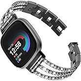 FULLIFE Compatible with Fitbit Versa 3/Fitbit Versa 4 Chain with Crystal Diamond Bling Metal Link Bracelet Strap Steel Fitbit Sense/Fitbit Sense 2 Band for Women, Black