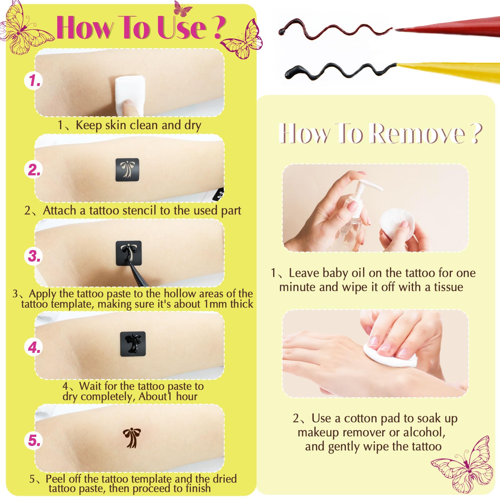 126 PCS Temporary Tattoos Stencils Kit,Temporary Tattoos Kit - 6 Pcs 2 Color(Brown Black) Ink with Gloves,DIY Body Art Painting for Women Men Adults Kids