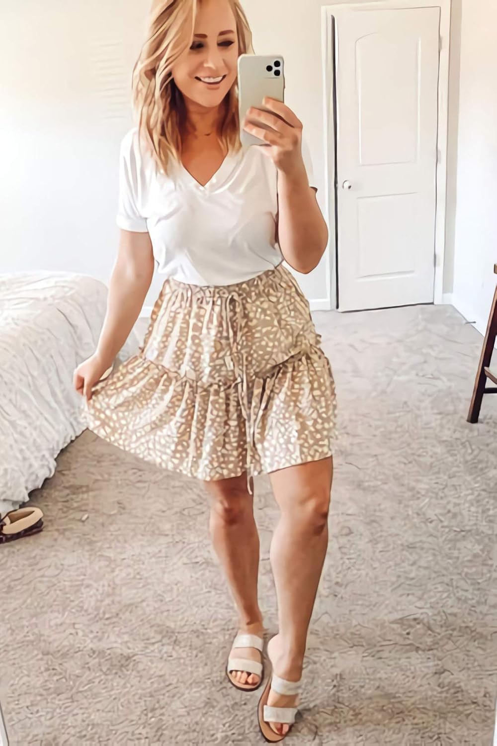 Alelly Women's Summer Cute High Waist Ruffle Skirt Floral Print Swing Beach Mini Skirt: Clothing