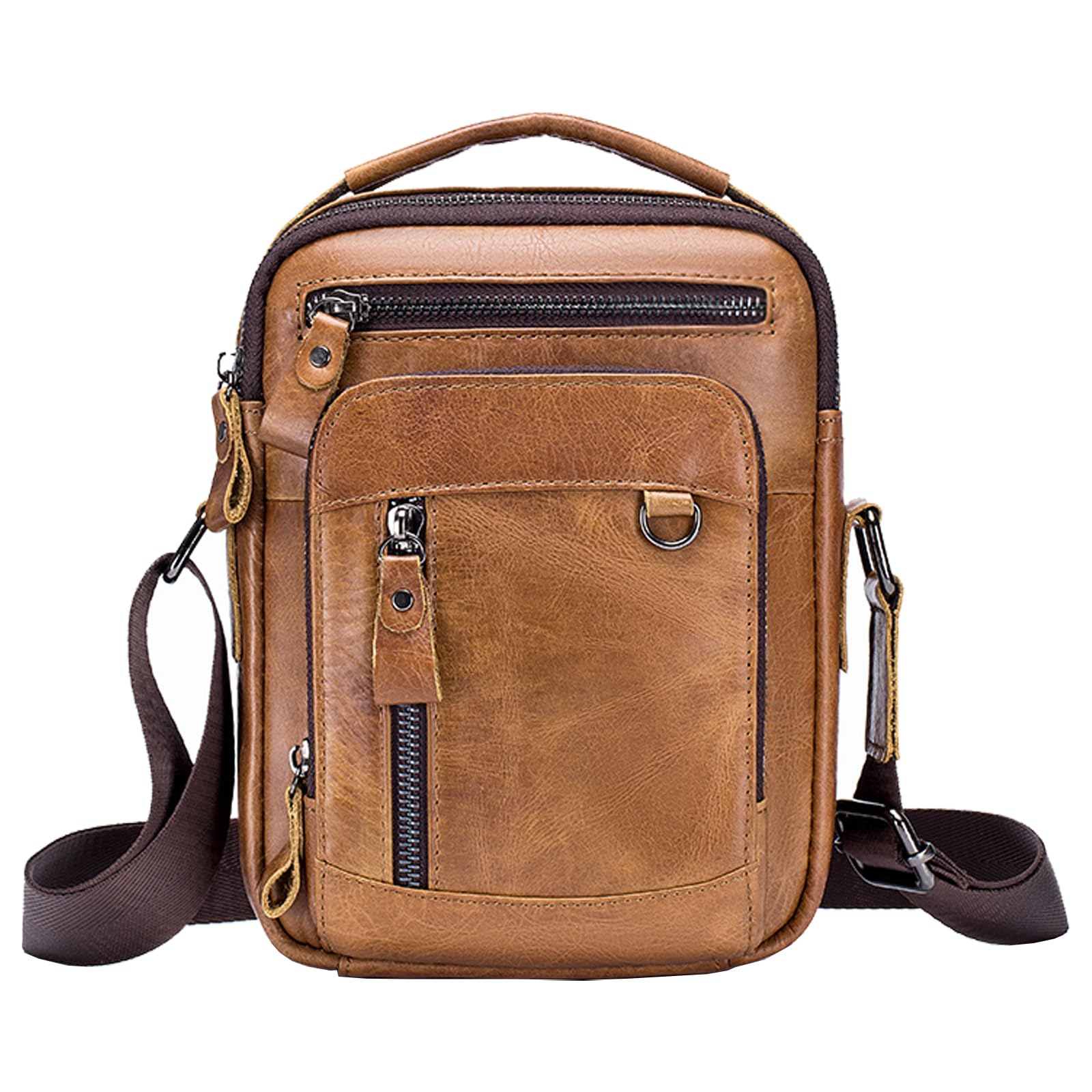 MANNUOSI Men's Cross-Body Bags Casual Fashion Real leather Top-Handle Messenger Handbag Brown