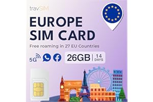 travSIM Europe SIM Card with 26GB of Data (4G/5G speeds) | Valid for 14 Days | Data Only SIM Card | Use VOIP apps Like Skype 