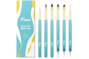 Finea Nail Art Brushes and Dotting Tools 6pcs Set for Builder Gel Polygel Gel Polish Paint Design with Flat, Round, Thin Liner, French Tip, Small Detail Painting, 3D Acrylic Flower Brushes, Gold Blue
