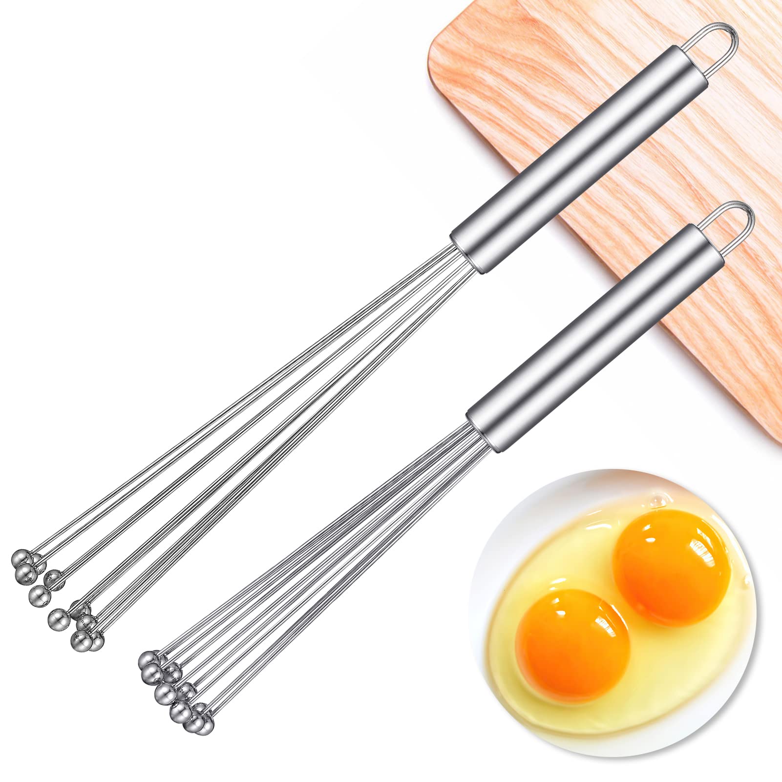 2 Pieces Stainless Steel Ball Whisk Wire Egg Beater Manual Mixer Whisk Set Kitchen Whisks for Cooking, Blending, Whisking, Beating, Stirring (10 Inch and 12 Inch)