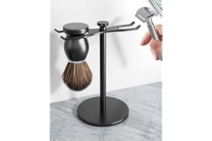 pickpiff Safety Razor Stand With Brush Holder, Black Heavy Duty Metal Shaving Holder for Men, Extra Wide Openings, Fits Most Brushes and All Kinds Of Razors