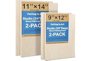Falling in Art Unfinished Birch Wood Canvas Panels Kit, 4 Pack of 2 Sizes 11x14' and 9x12' Studio 3/4’’ Deep Cradle Boards for Pouring Art, Crafts, Painting, and More