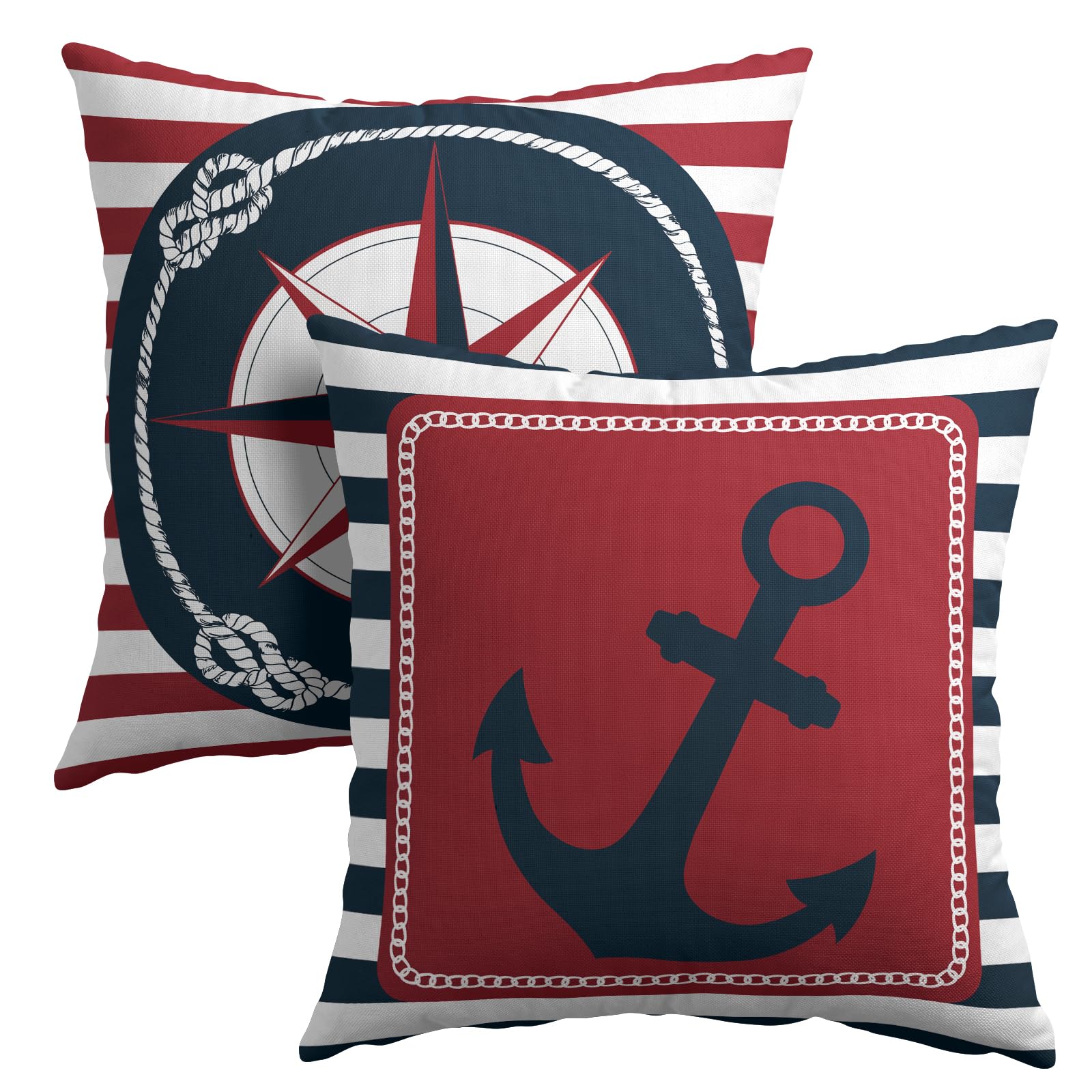 Photo 1 of Anchor Compass Throw Pillow Cases Outdoor Nautical Pillow Covers Blue and White Stripes Decorative Cushion Cover 24x24 Inch Red and White Cotton Linen Pillowcases for Beach Coast Home Bedroom