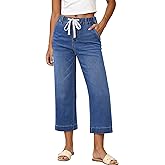 GRAPENT Capris Jeans for Women Trendy Wide Leg Capri Pants High Waisted Pull On Elastic Waist Summer Stretch Denim Jeans