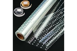 GcFoir Clear Cellophane Wrap Roll 31.5" Wide x 98 Ft Long 3 Mil Thick Plastic Transparent Cello Wrapping for Gift Baskets, Flower Bouquets, Large Cellophane Sheets for Arts & Crafts, White Polka Dots
