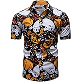 fohemr Mens Halloween Shirt Ugly Pumpkin Print Casual Short Sleeve Button Up Shirts Hawaiian Adult Party Costume