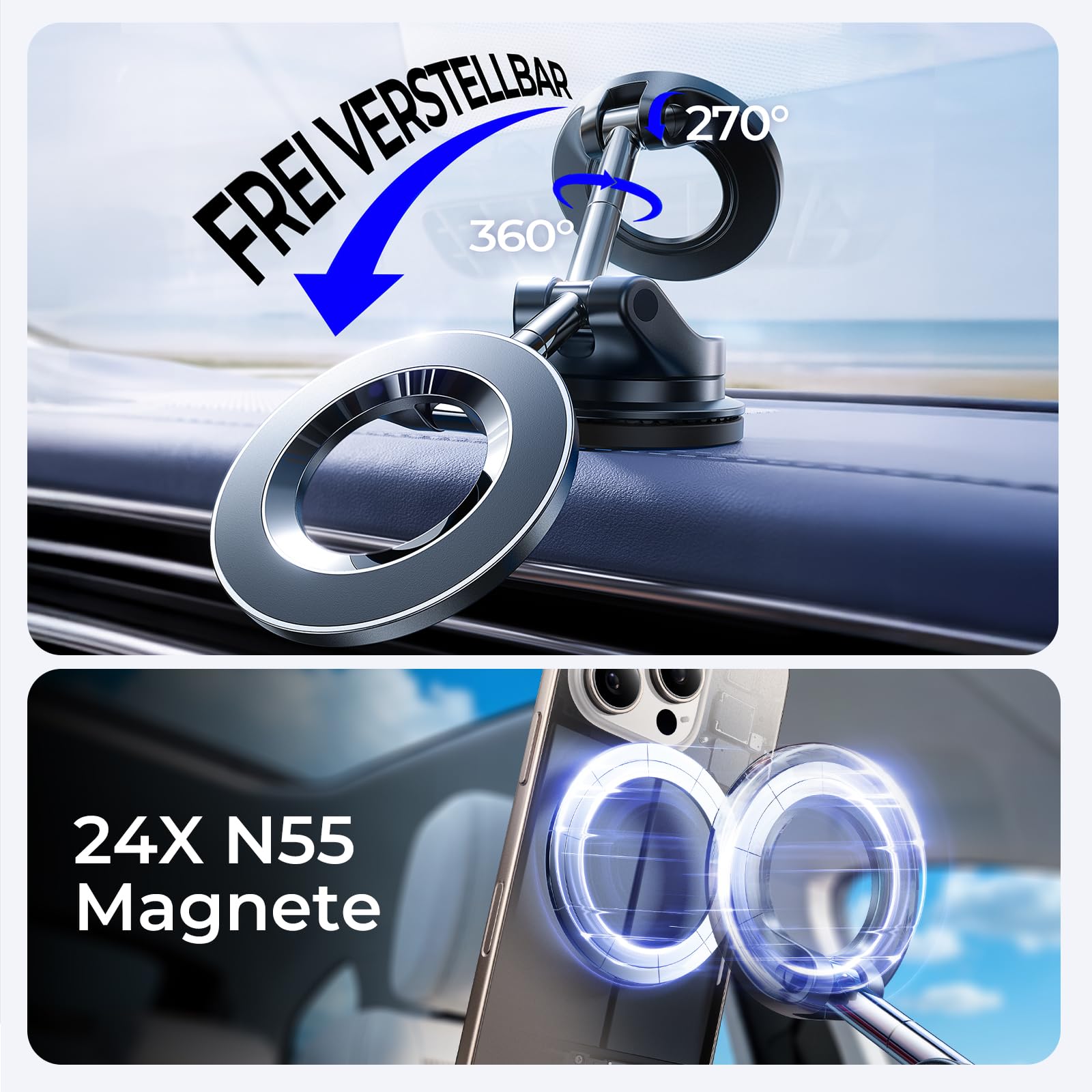 LISEN Snapmount Handyhalterung Auto für Magsafe - [24x N55 Magnet] für Magsafe Autohalterung mit Vakumm Saugnapf, Magnetische Handy Halterung Auto Magnethalterung für iPhone 17 Pro Max 16 15 14 13 6