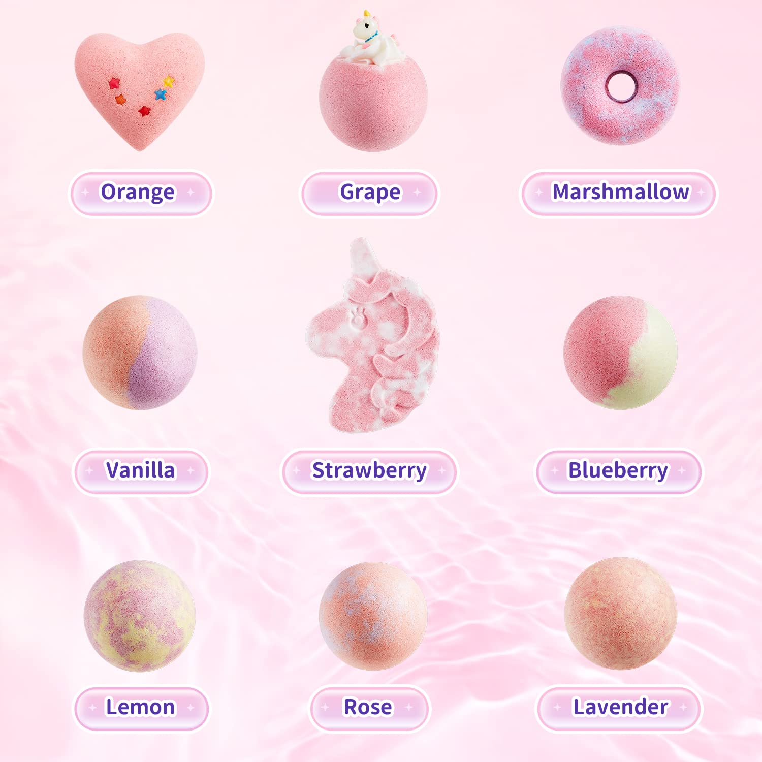 Kids Bath Bombs with Surprise Inside,9 Pack Unicorn Bath Bombs for Girls-5 with Surprise Toys,Including Jewelry Toys,Natural Organic Kids Bubble Bath with Fruity Scents,Relaxing Aromas,Birthday Gift